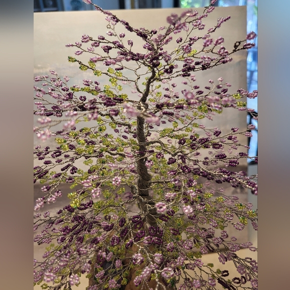 Beaded Bonsai Wire Tree, Pink, Purple, Green Wisteria on Driftwood - Picture 11 of 16
